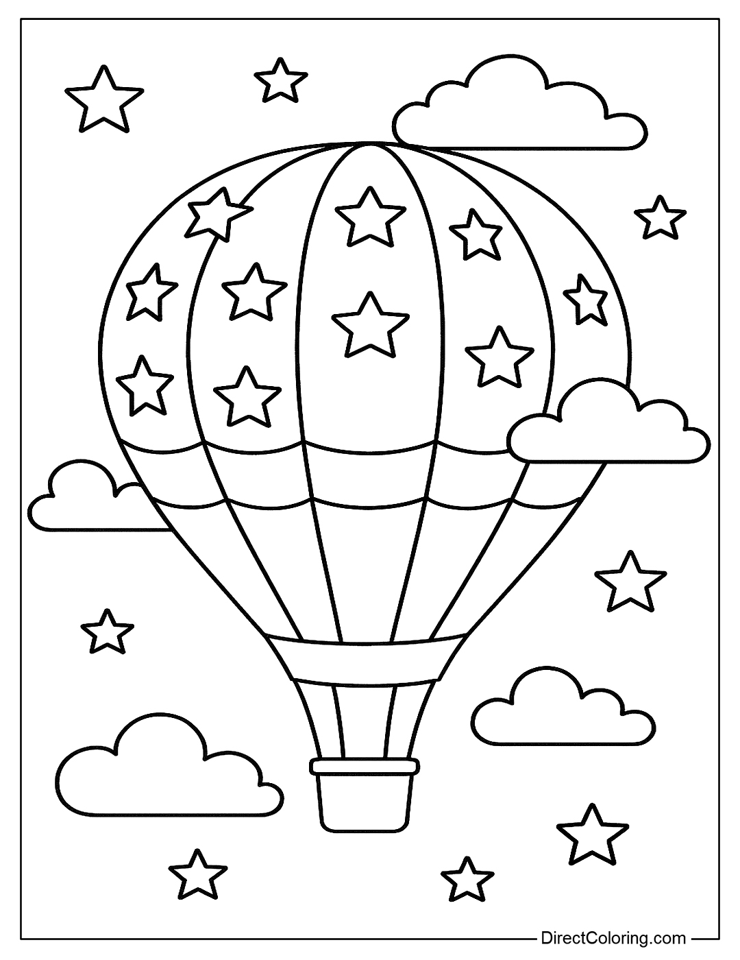 coloring page of Hot air balloon with red and white stars and stripes pattern in the blue sky